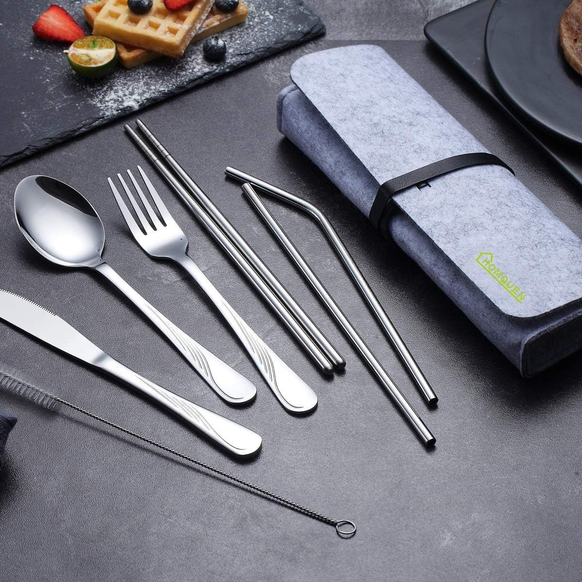 Portable Utensils,Travel Camping Flatware Set,Stainless Steel Silverware Set,Include Knive/Fork/Spoon/Chopsticks/Straws/Brush/Portable Case(Silver-8 Piece)