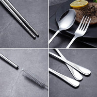 Portable Utensils,Travel Camping Flatware Set,Stainless Steel Silverware Set,Include Knive/Fork/Spoon/Chopsticks/Straws/Brush/Portable Case(Silver-8 Piece)