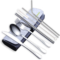 Portable Utensils,Travel Camping Flatware Set,Stainless Steel Silverware Set,Include Knive/Fork/Spoon/Chopsticks/Straws/Brush/Portable Case(Silver-8 Piece)