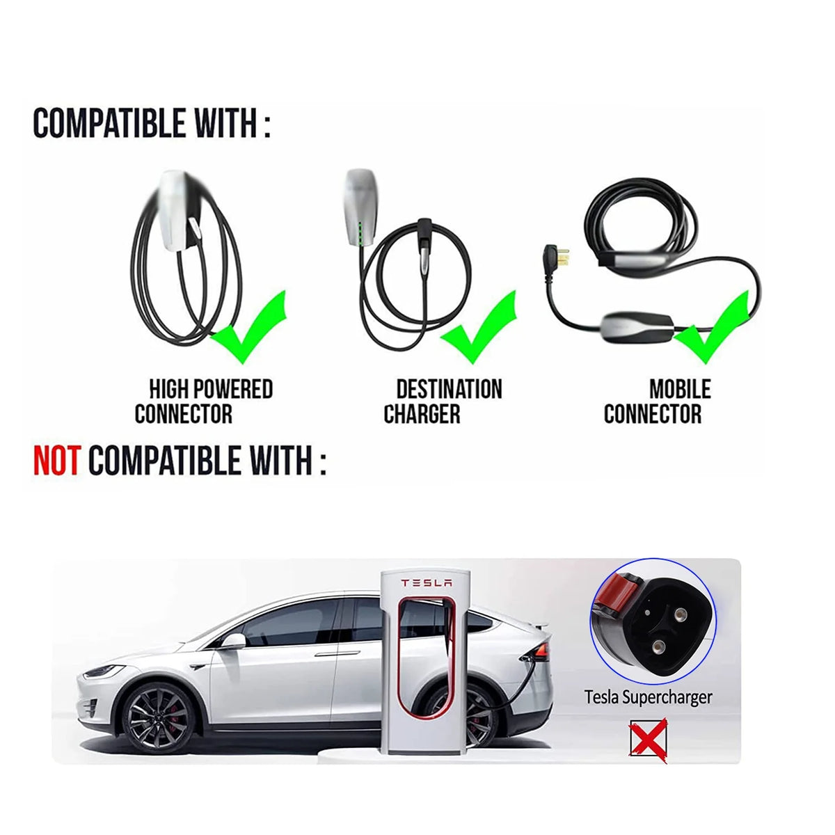 J1772 EV Connectors ,Tesla to J1772 Adapter, Max 60 Amp & 250V - Compatible with Tesla High Powered Connector, Destination Charger, and Mobile Connector Only (White)