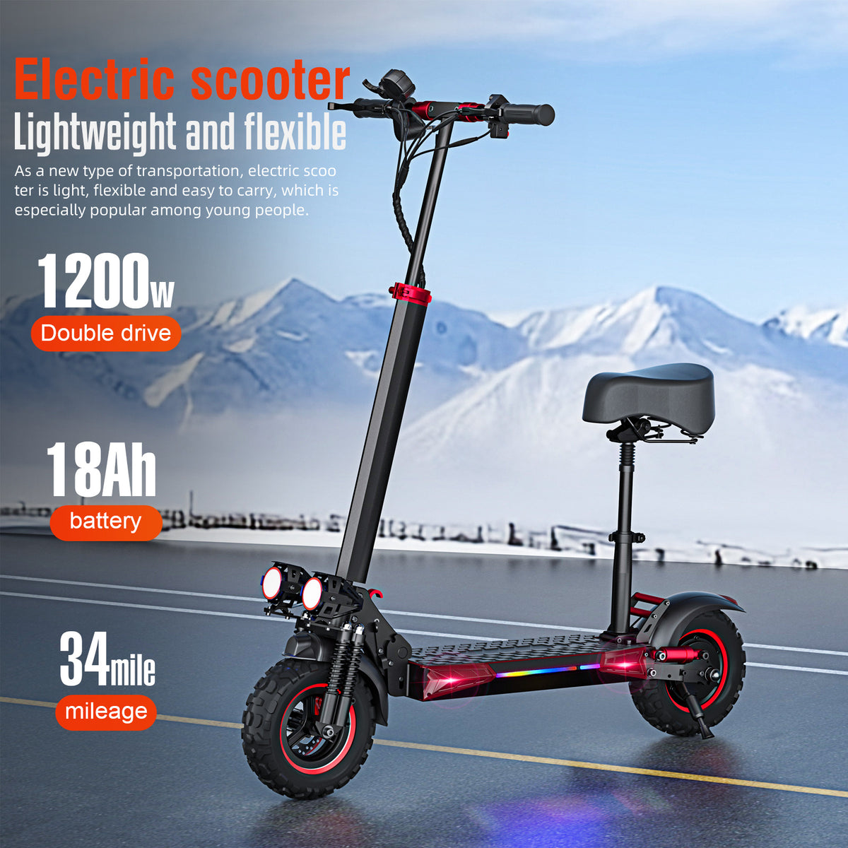 Electric Scooter Motor Power 1200W Battery Capacity 48V 18Ah Tire Size 11inches Max Speed 45KM