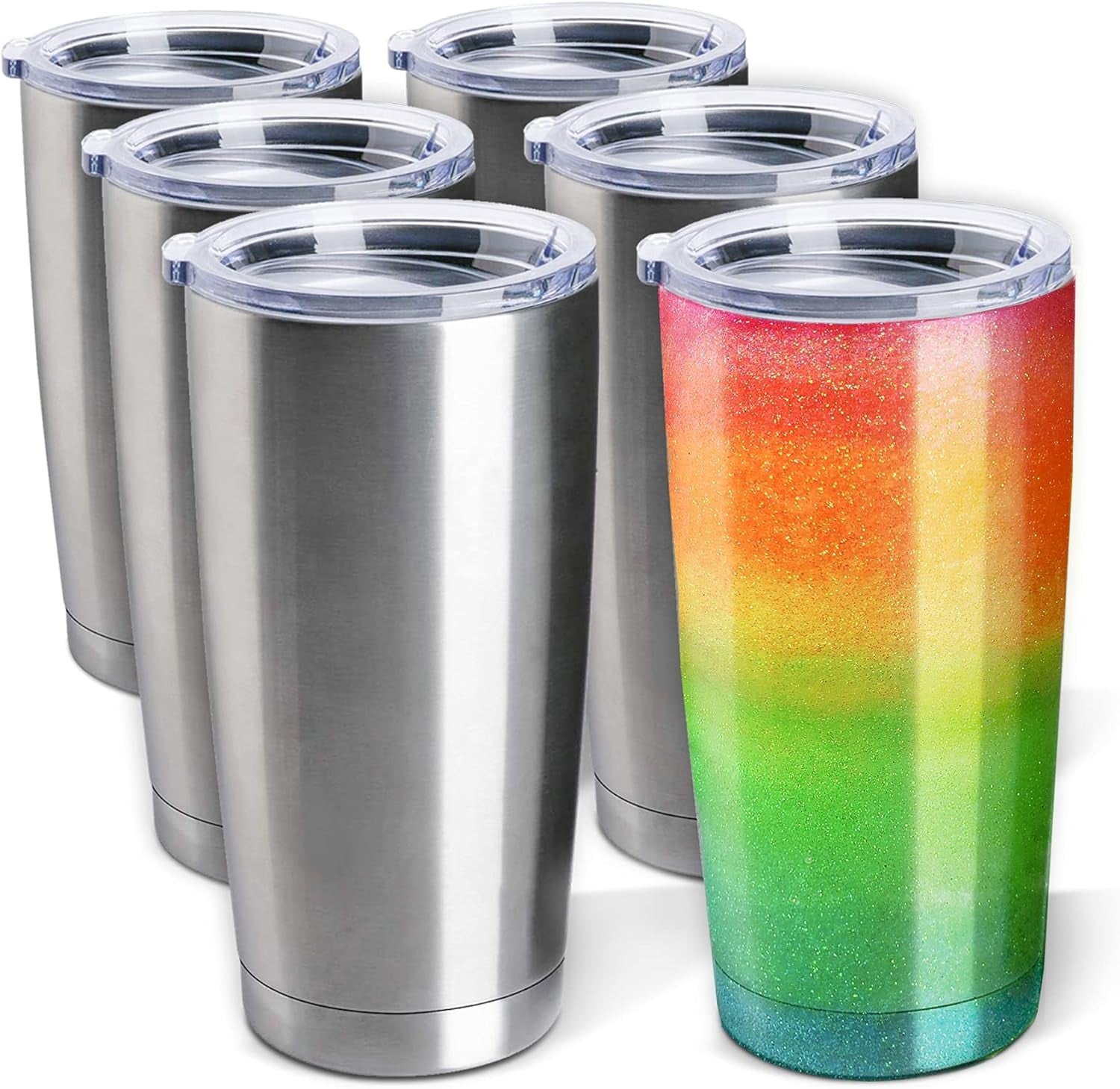 Double Wall Tumbler Cups Bulk (6 Pack) - 20 Oz Stainless Steel Hot and Cold Tumbler 6 Reusable Cups with Lids for Sublimation Cups, Tumbler Painting, Glitter, Vinyl, Etc - EPOAL USA