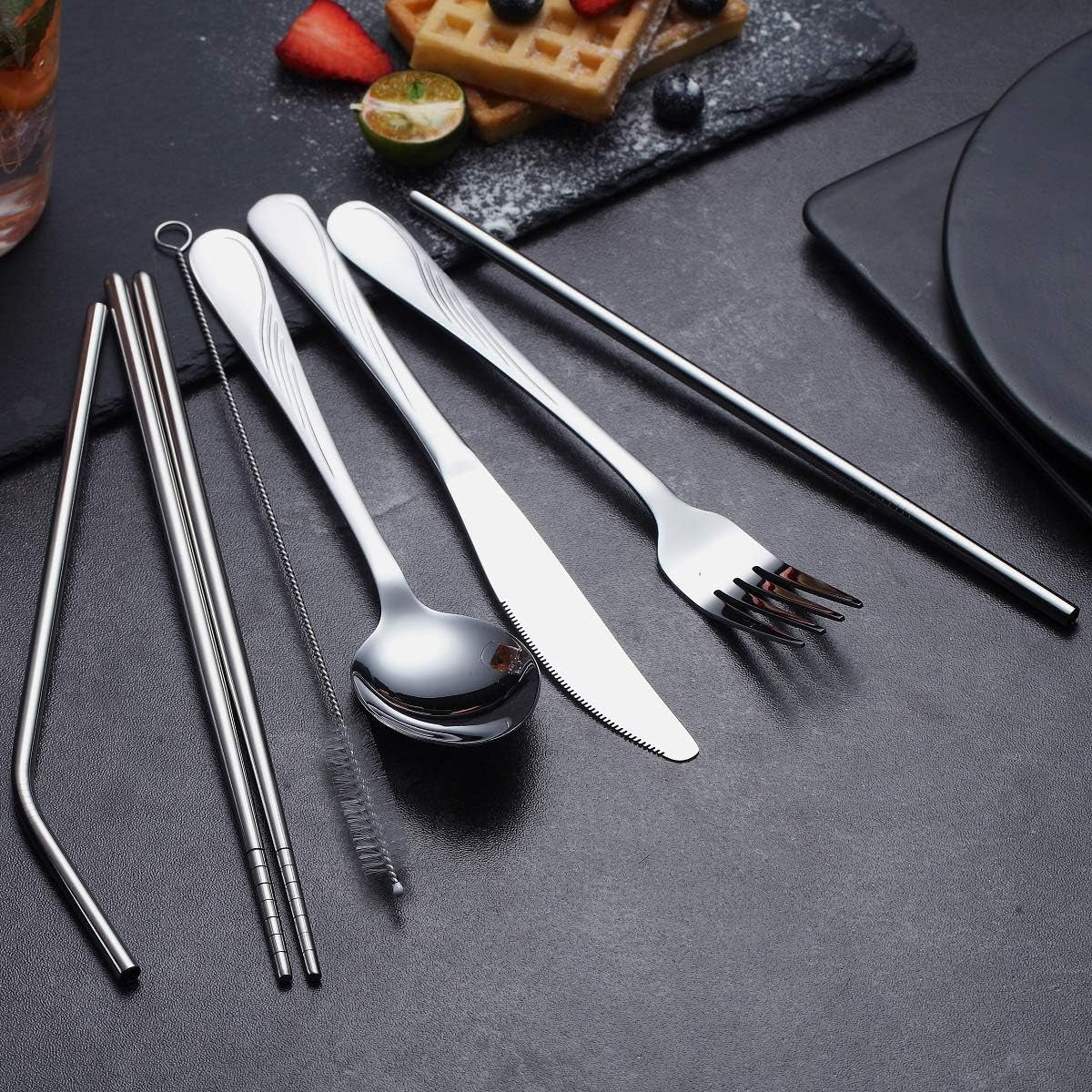 Portable Utensils,Travel Camping Flatware Set,Stainless Steel Silverware Set,Include Knive/Fork/Spoon/Chopsticks/Straws/Brush/Portable Case(Silver-8 Piece)