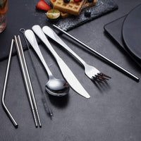 Portable Utensils,Travel Camping Flatware Set,Stainless Steel Silverware Set,Include Knive/Fork/Spoon/Chopsticks/Straws/Brush/Portable Case(Silver-8 Piece)