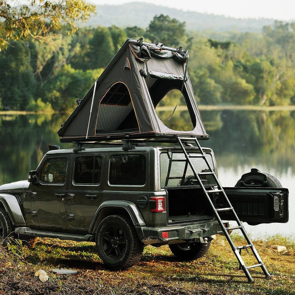 Scout plus Triangle Black Hard Shell and Grey Fabric with Roof Rack 2 - Person Aluminum Car Rooftop Tent - EPOAL USA