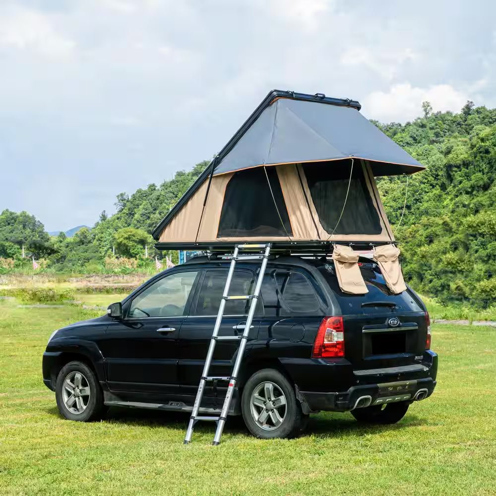 Triangle Black Hard Shell and Beige Fabric 2 - Person Aluminum Car Rooftop Tent with Roof Rack Scout MAX Series - EPOAL USA