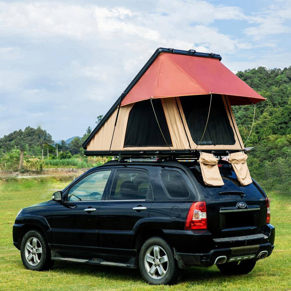 Triangle Black Hard Shell and Beige Fabric 2 - Person Aluminum Car Rooftop Tent with Roof Rack Scout MAX Series - EPOAL USA